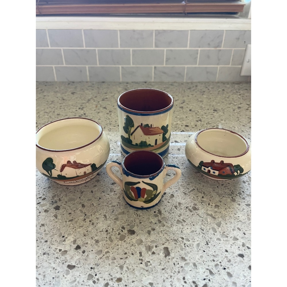 Vintage Devon Motto Ware Pottery Set 4pc Cockington Cottage Torquay England